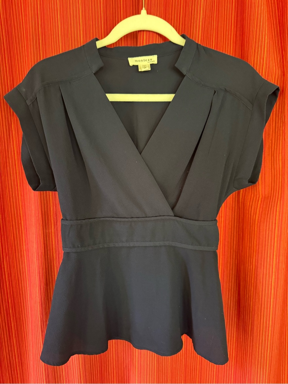 Monteau Navy Wrap Peplum Fit and Flare Blouse Size Medium (fits Small)